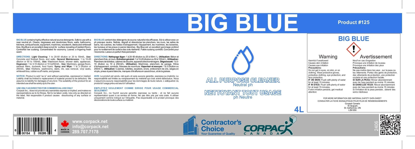 Big Blue all-purpose cleaner label, neutral pH, 4L commercial grade, made in Canada