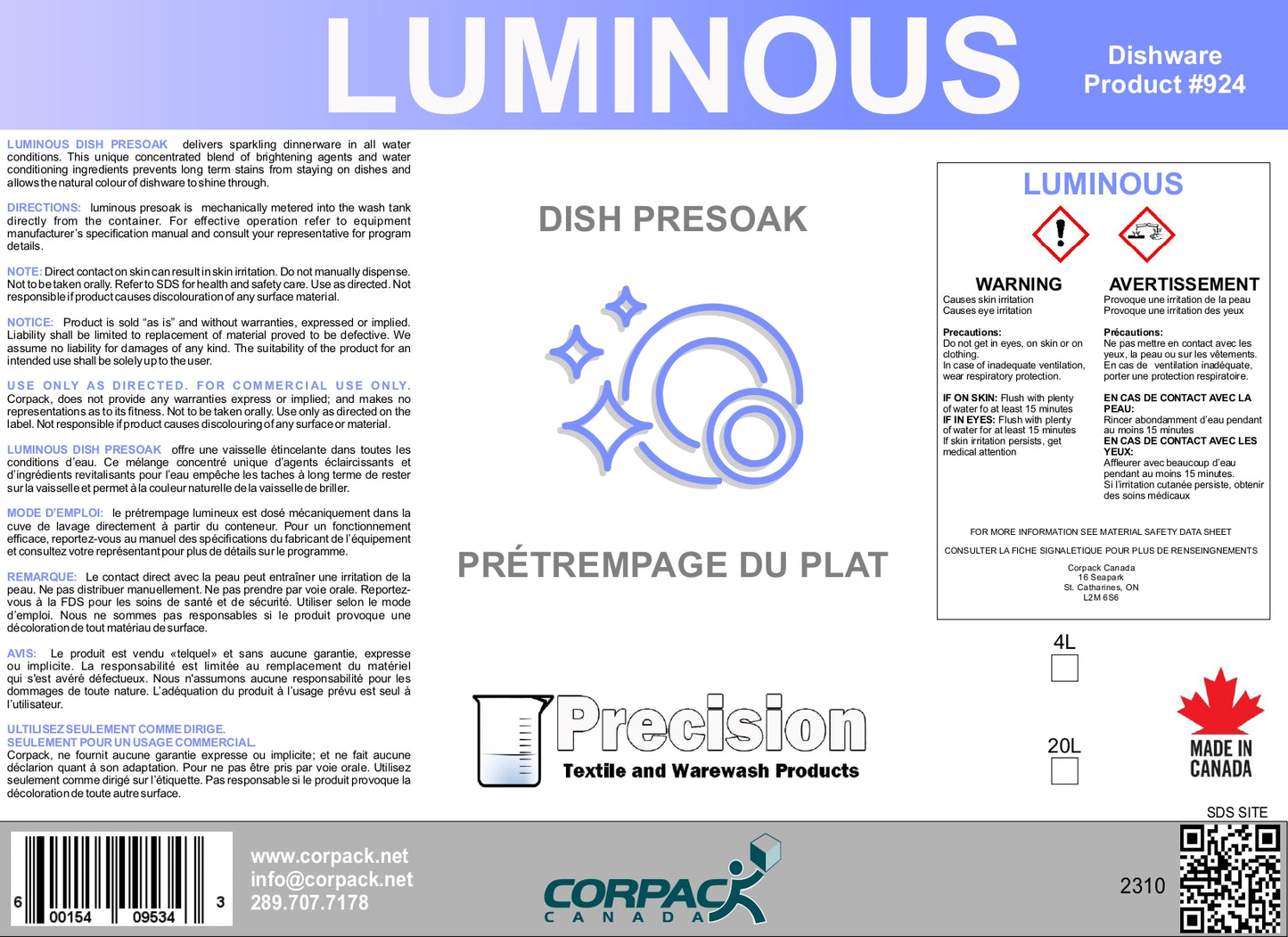 LUMINOUS, CHLORINATED PRE-SOAK - 20L