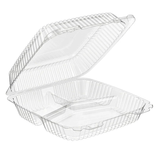 VPP731, 9 X 9, 3 COMPARTMENT CLEAR HINGED LID (200/CS) Corporate Facility Supply