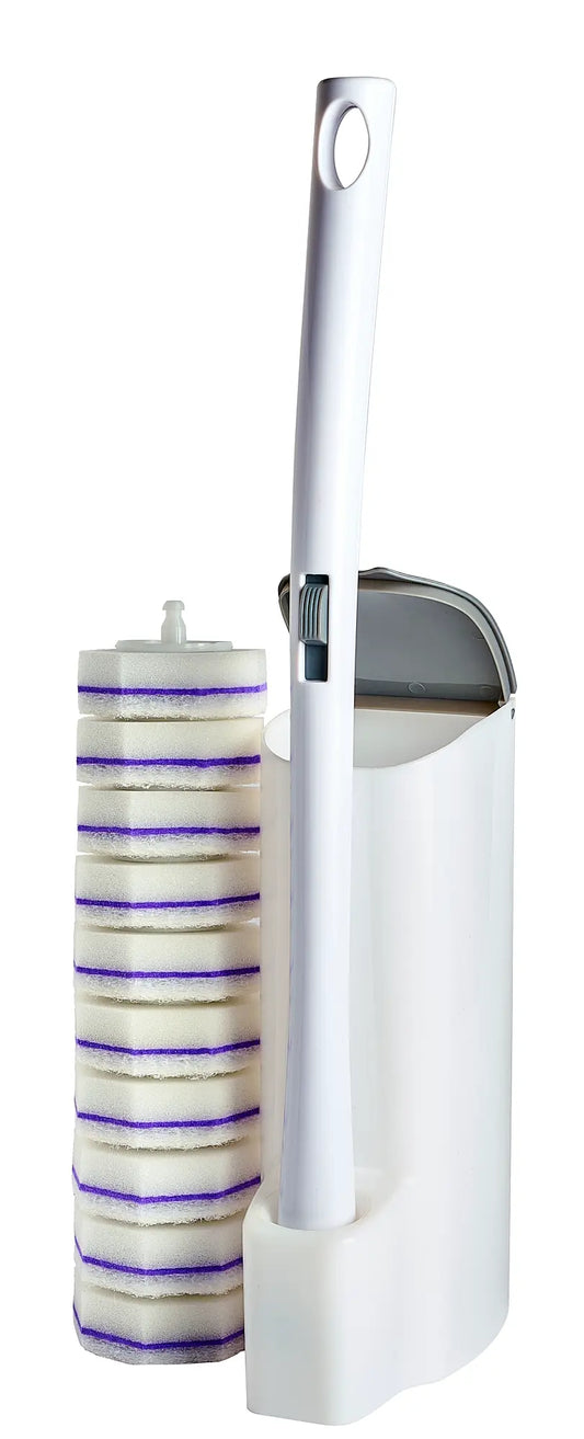 DISPOSABLE TOILET SCRUBBER KIT (HANDLE, 10 REFILLS, CADDY)